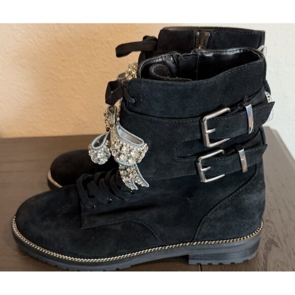 Kurt Geiger 40 / 9 Sutton Bow Rhinestone Embellished Suede Combat Boot Black - Picture 7 of 14
